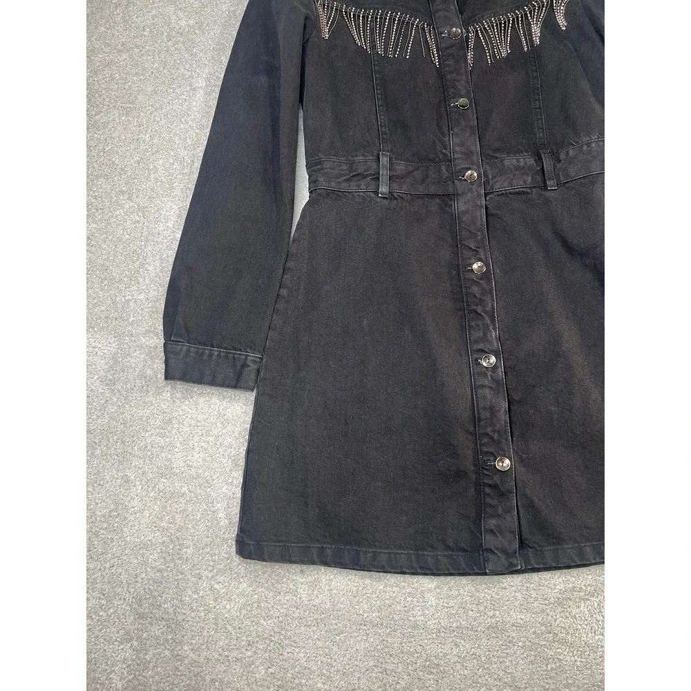 Zara Black Denim Mini Dress Rhinestone Fringe Western Cowgirl Button Front M